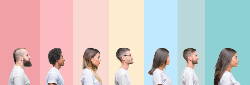 Collage of different ethnics young people wearing white t-shirt over colorful isolated background looking to side, relax profile pose with natural face with confident smile.