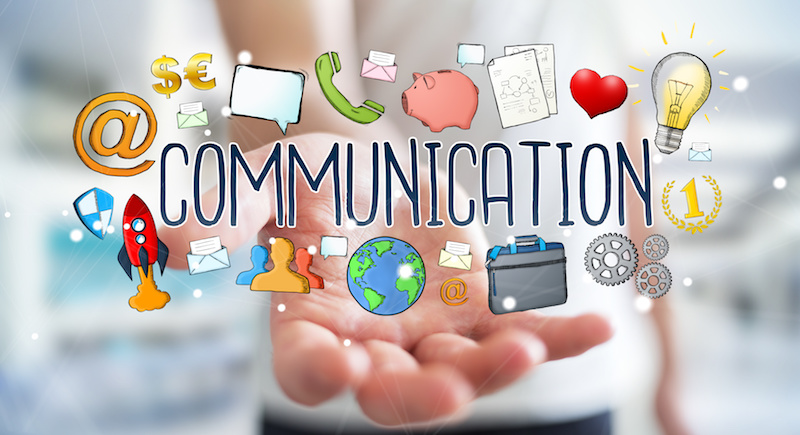 Businessman on blurred background using hand-drawn presentation "Communication"