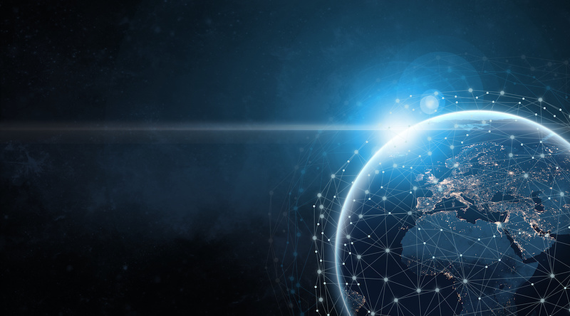 Global communication network concept network dots surrounding planet earth with focus on America. Information exchange.