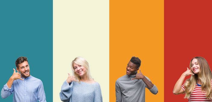 Collage of group of young people over colorful vintage isolated background smiling doing phone gesture with hand and fingers like talking on the telephone