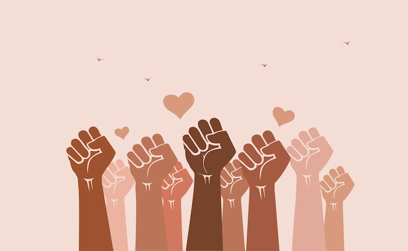 Diversity and inclusion concept - illustration of hands raised with love hearts